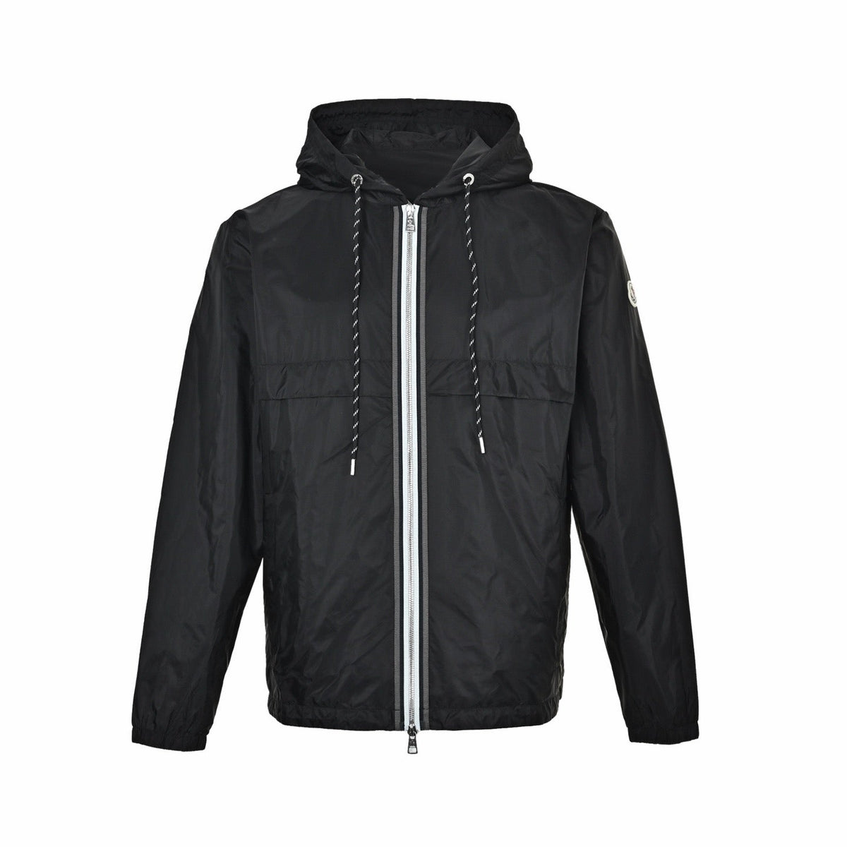 Schwarze Nylon-Kapuzenjacke mit farblich abgesetztem Reißverschluss – Herren