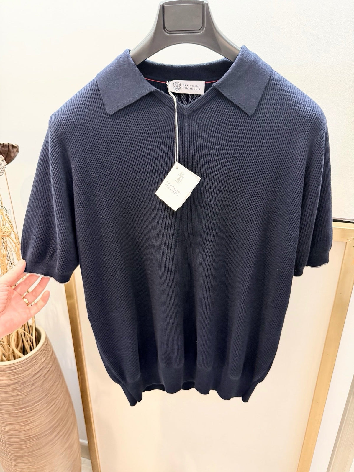 Marineblauer Strick mit Kontrastbesatz Kurzarm - Herren