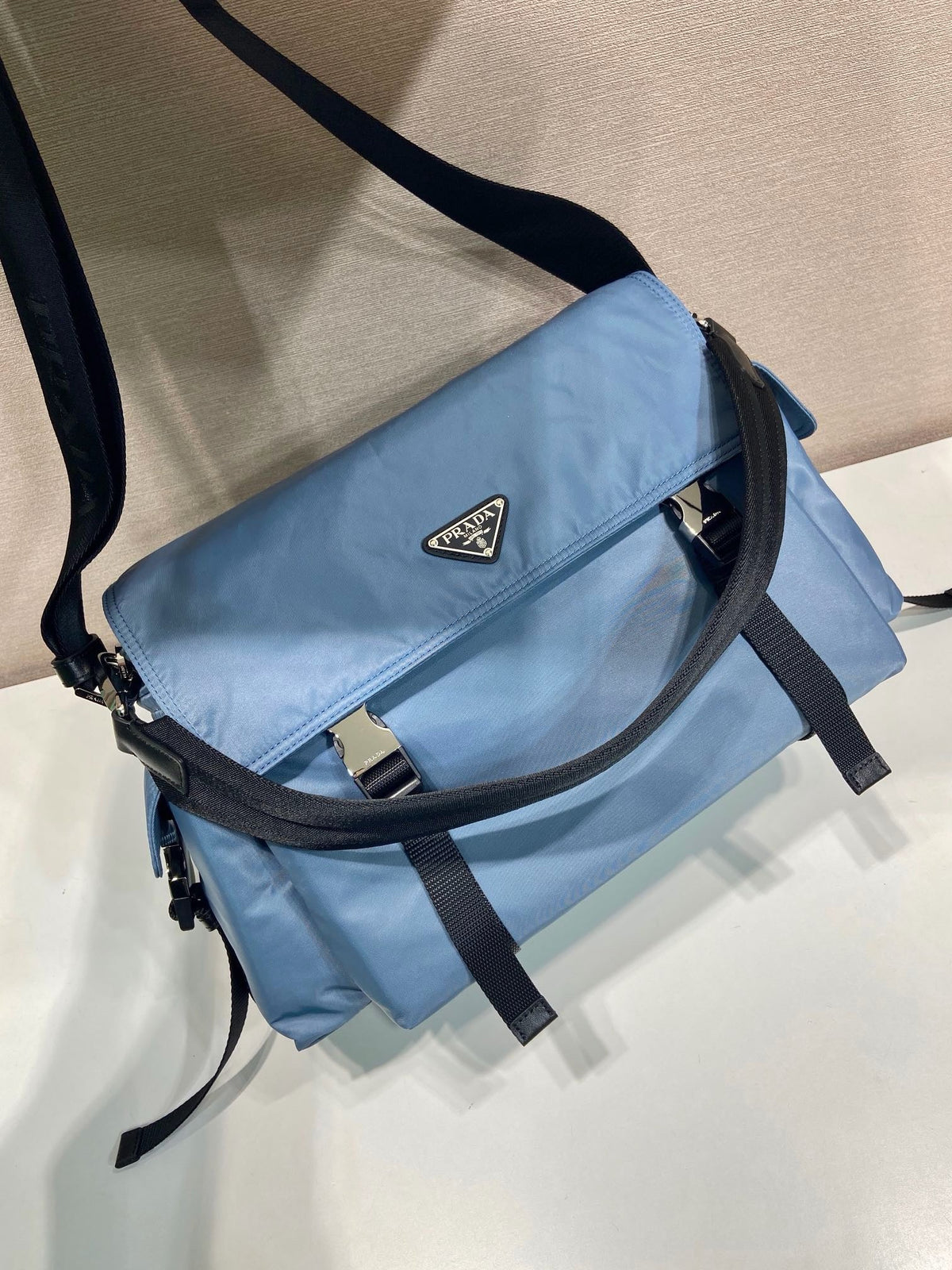 Light Blue Nylon Messenger Crossbody Bag