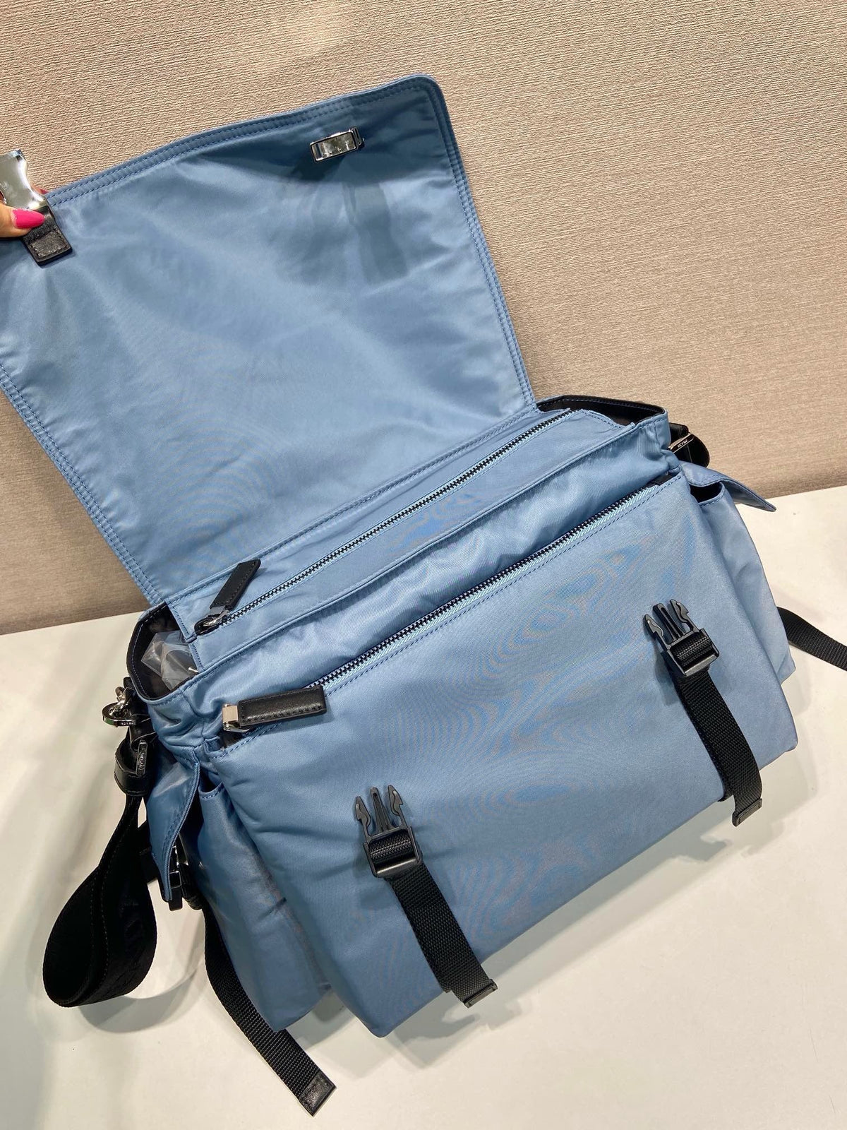 Light Blue Nylon Messenger Crossbody Bag