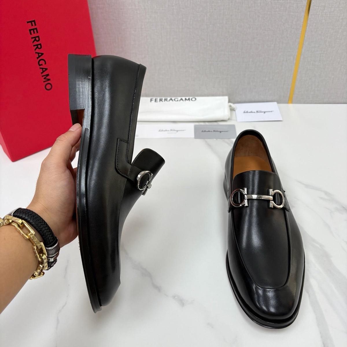 Black Leather Gancini Bit Loafer - Men's