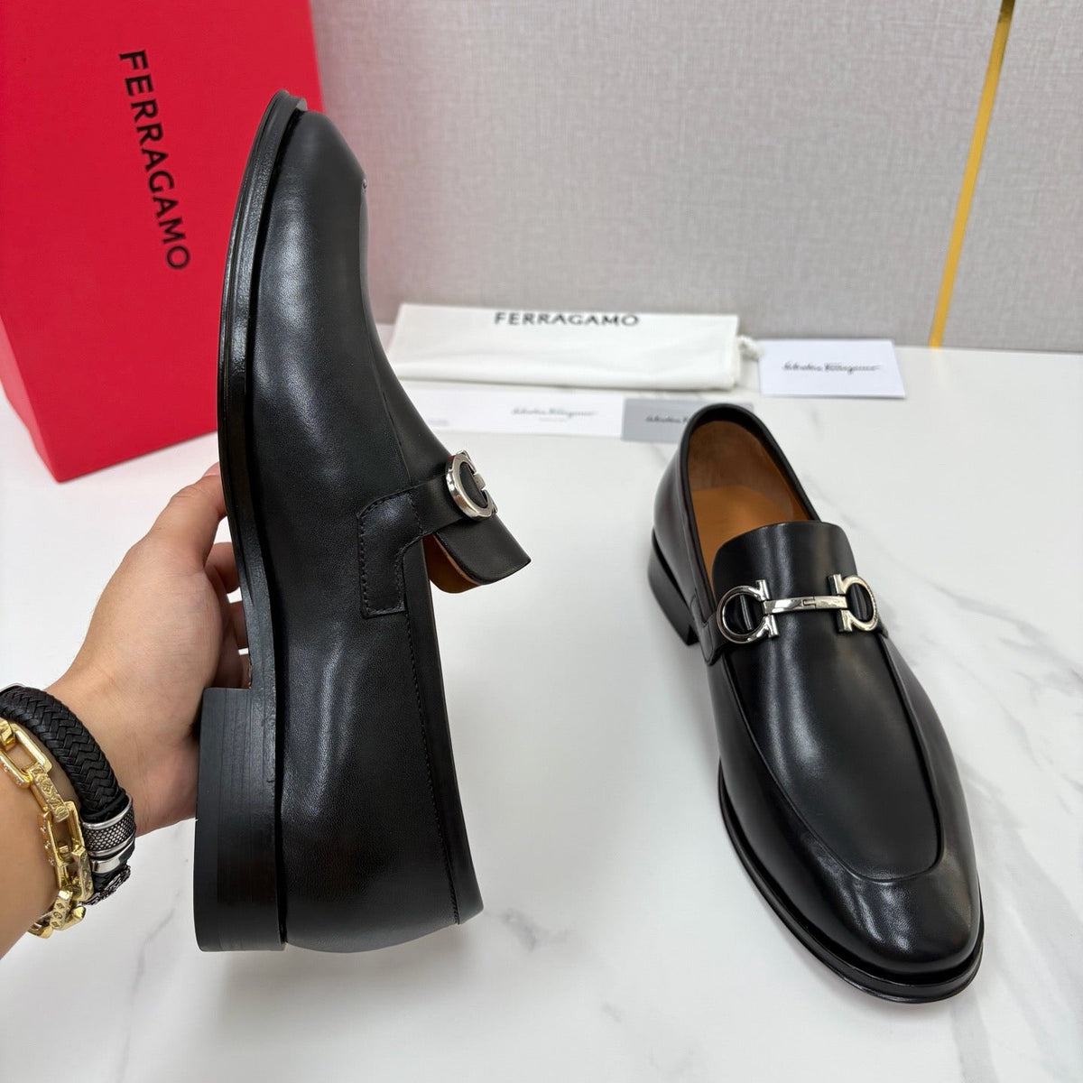 Black Leather Gancini Bit Loafer - Men's