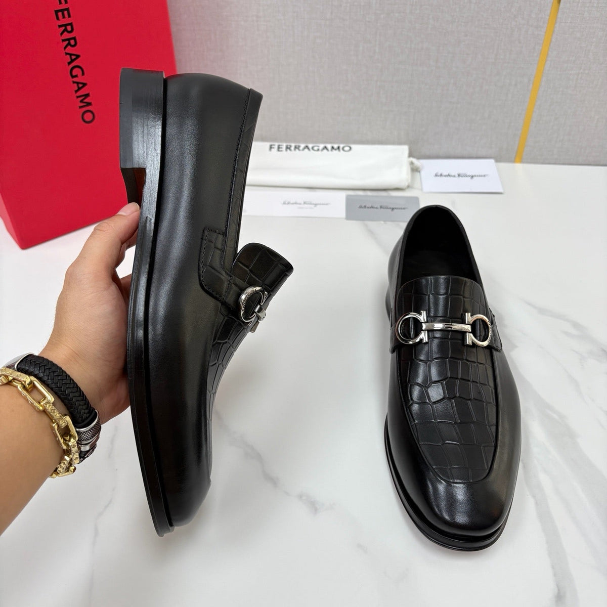 Black Leather Gancini Bit Loafer - Men's