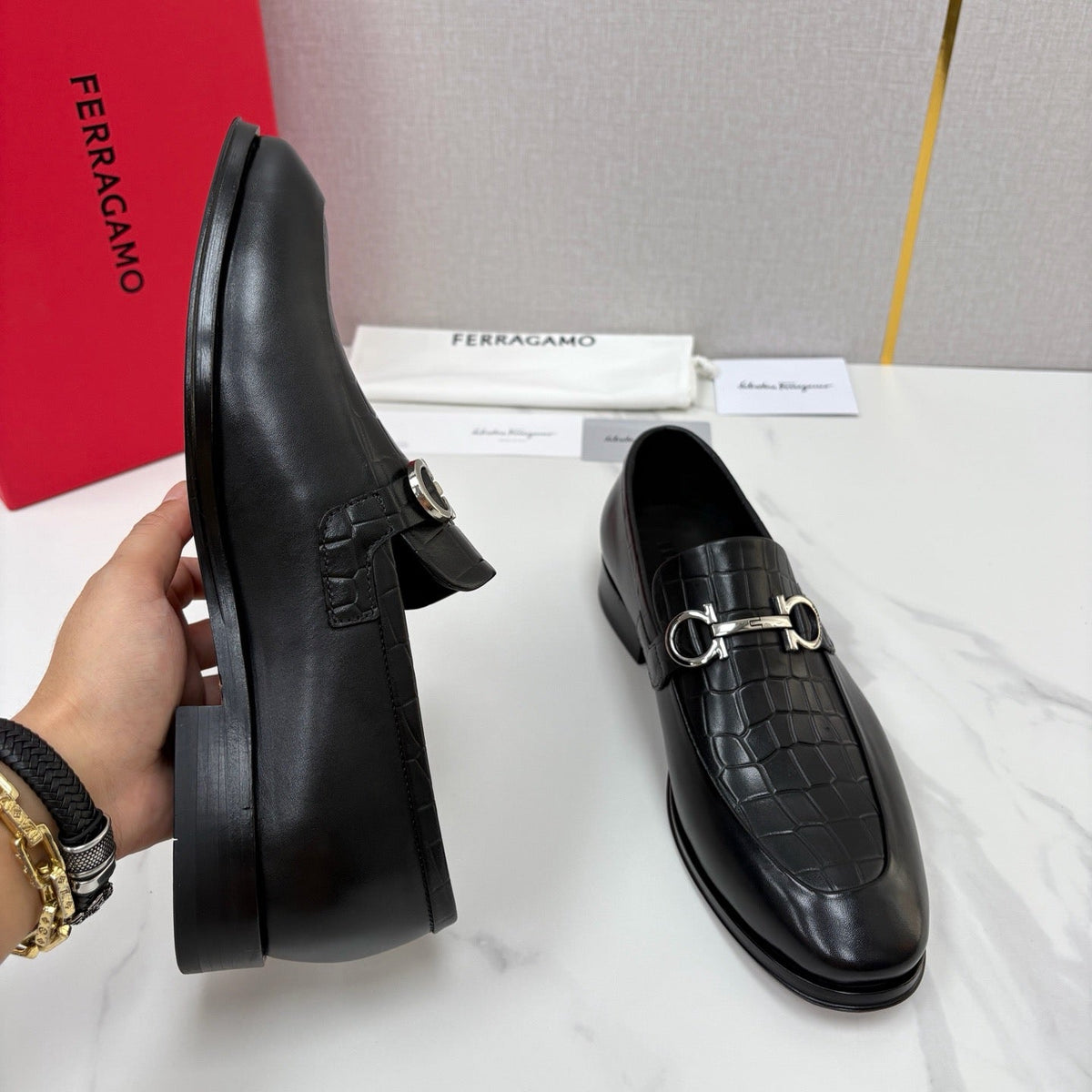 Black Leather Gancini Bit Loafer - Men's