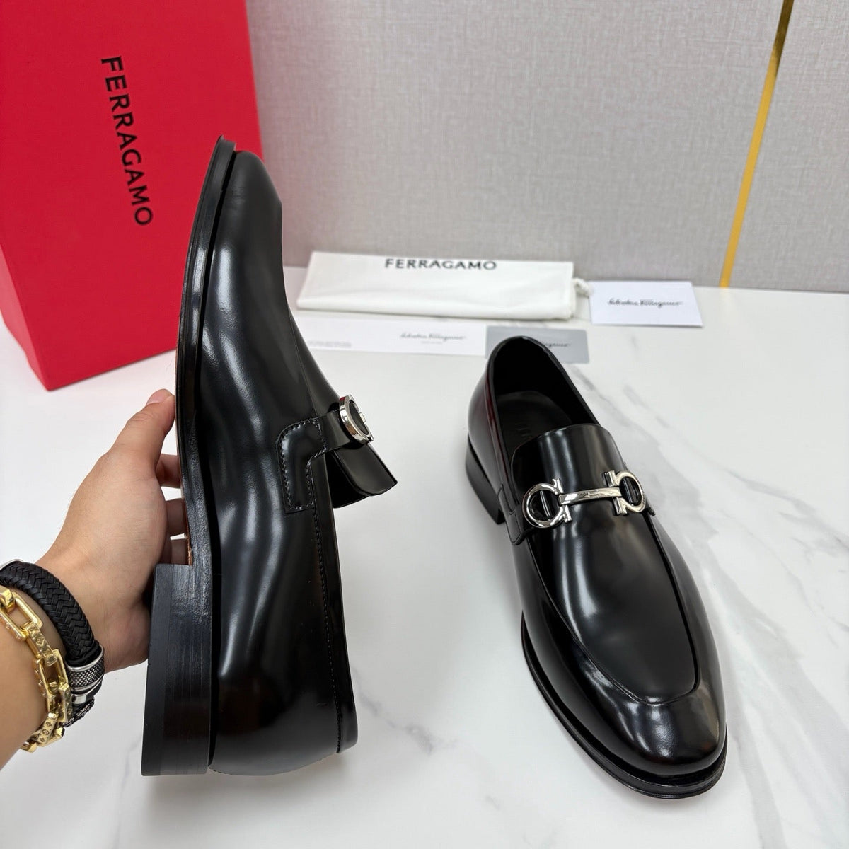 Black Leather Gancini Bit Loafer - Men's
