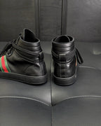 Schwarze Leder-Schnürstiefel mit Kontrast-Besatz für Damen
