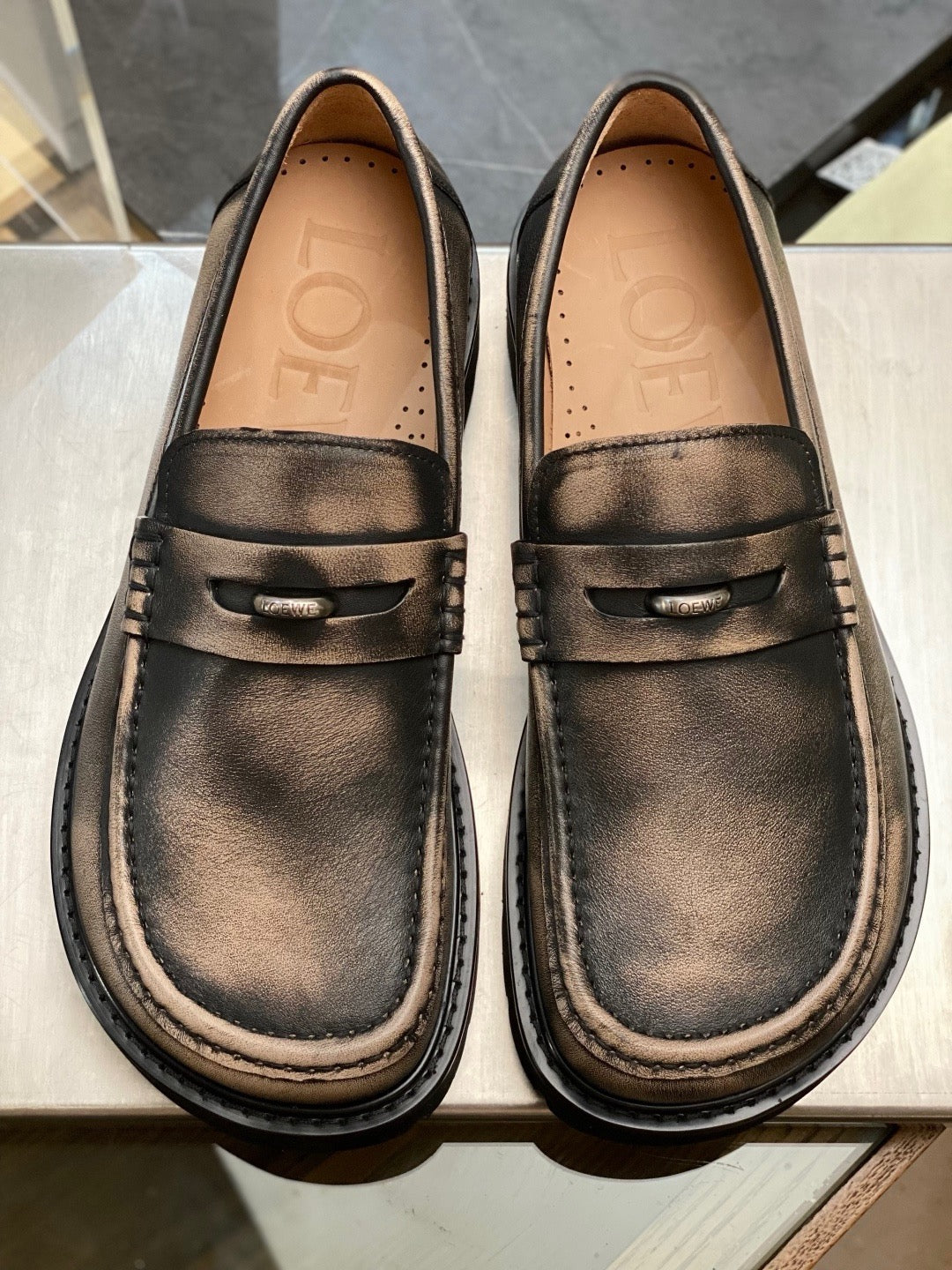 Black Leather Stacked Heel Penny Loafer - Men's