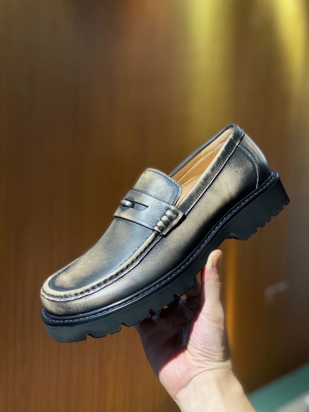 Black Leather Stacked Heel Penny Loafer - Men's