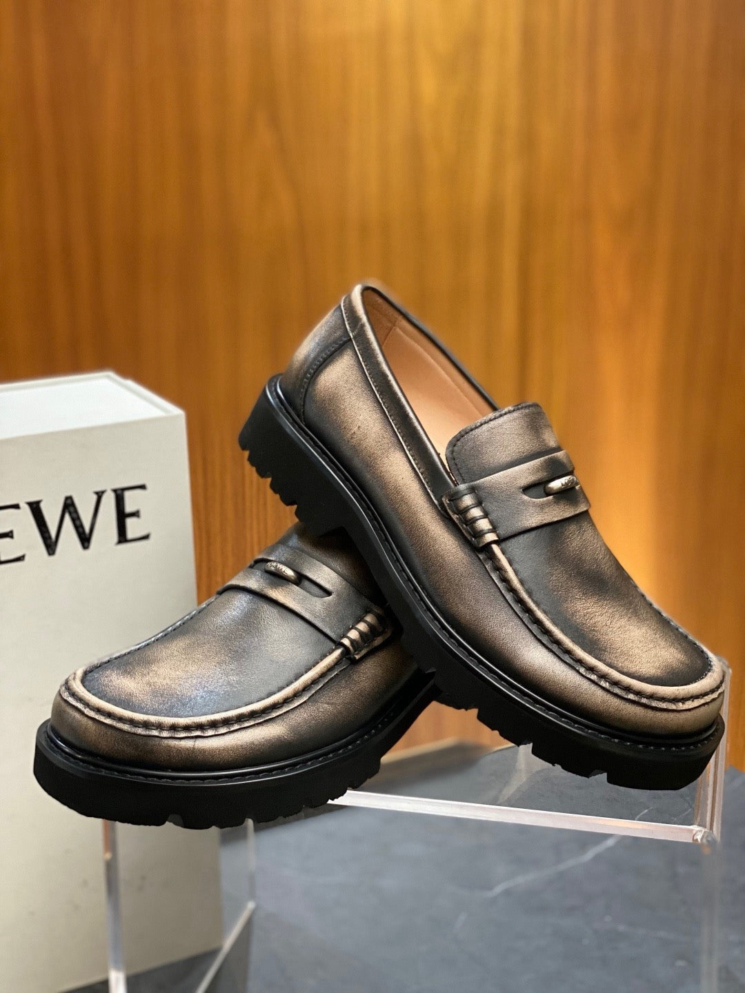 Black Leather Stacked Heel Penny Loafer - Men's