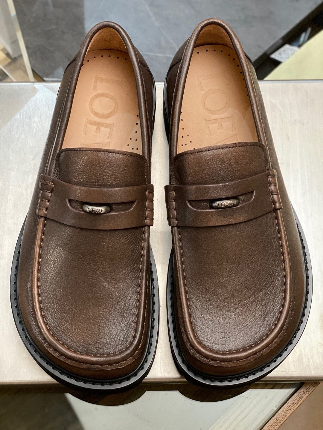 Black Leather Stacked Heel Penny Loafer - Men's