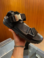 Black Leather Plain Crossover Sandal - Men's