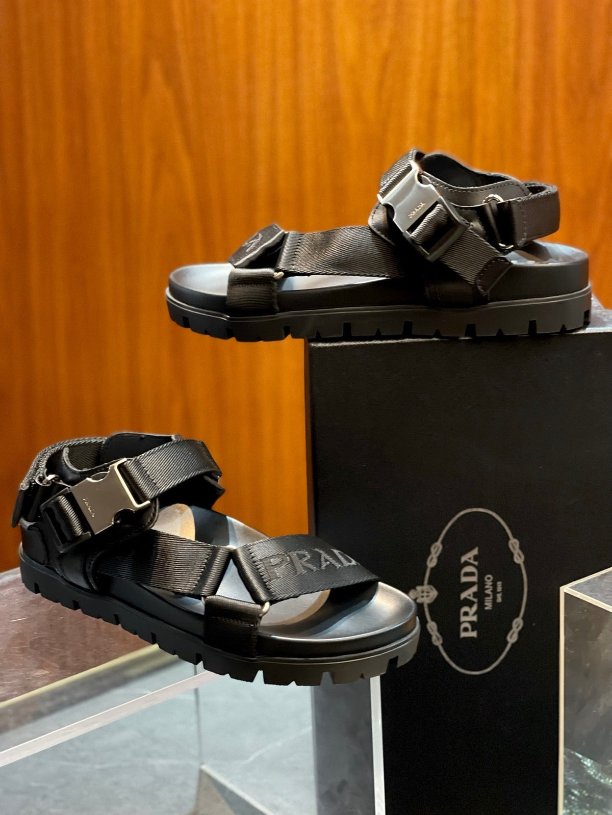 Black Leather Plain Crossover Sandal - Men's