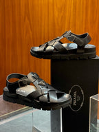 Black Leather Plain Crossover Sandal - Men's