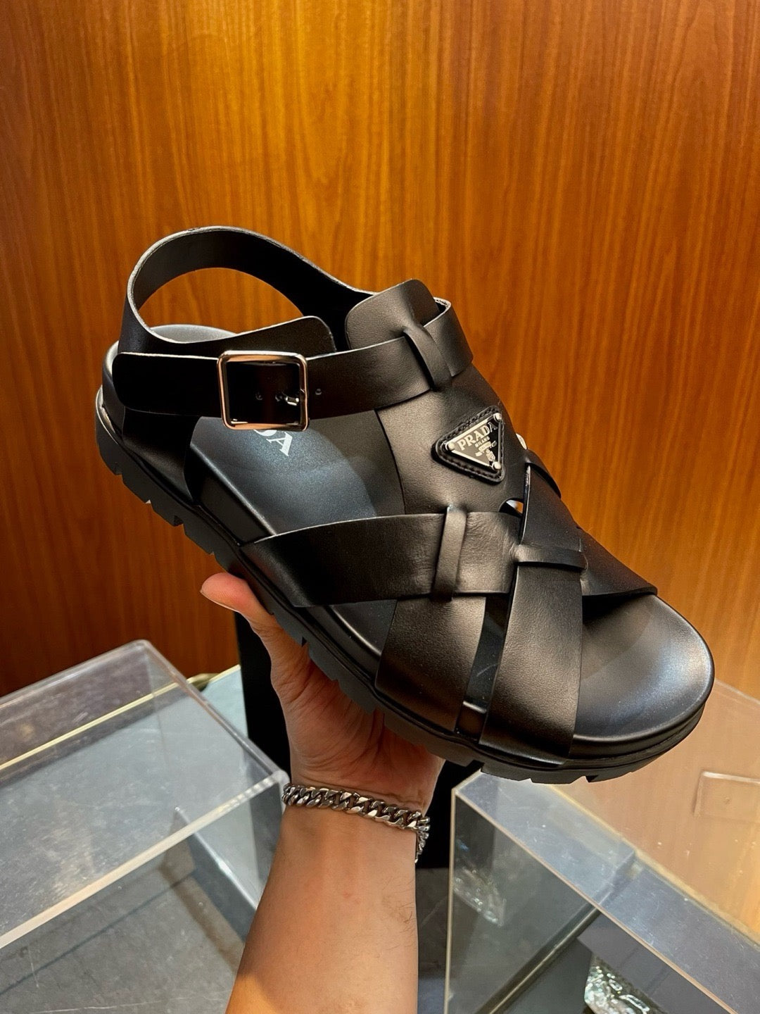 Black Leather Plain Crossover Sandal - Men's