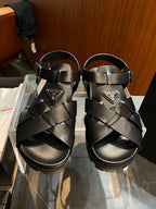 Black Leather Plain Crossover Sandal - Men's