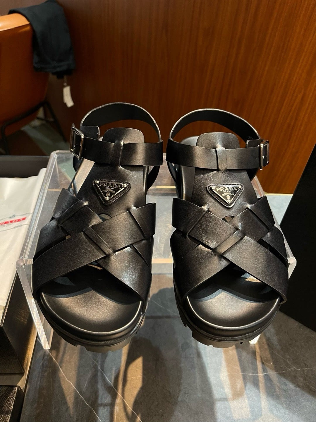 Black Leather Plain Crossover Sandal - Men's