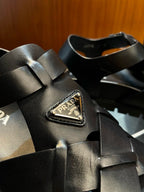Black Leather Plain Crossover Sandal - Men's