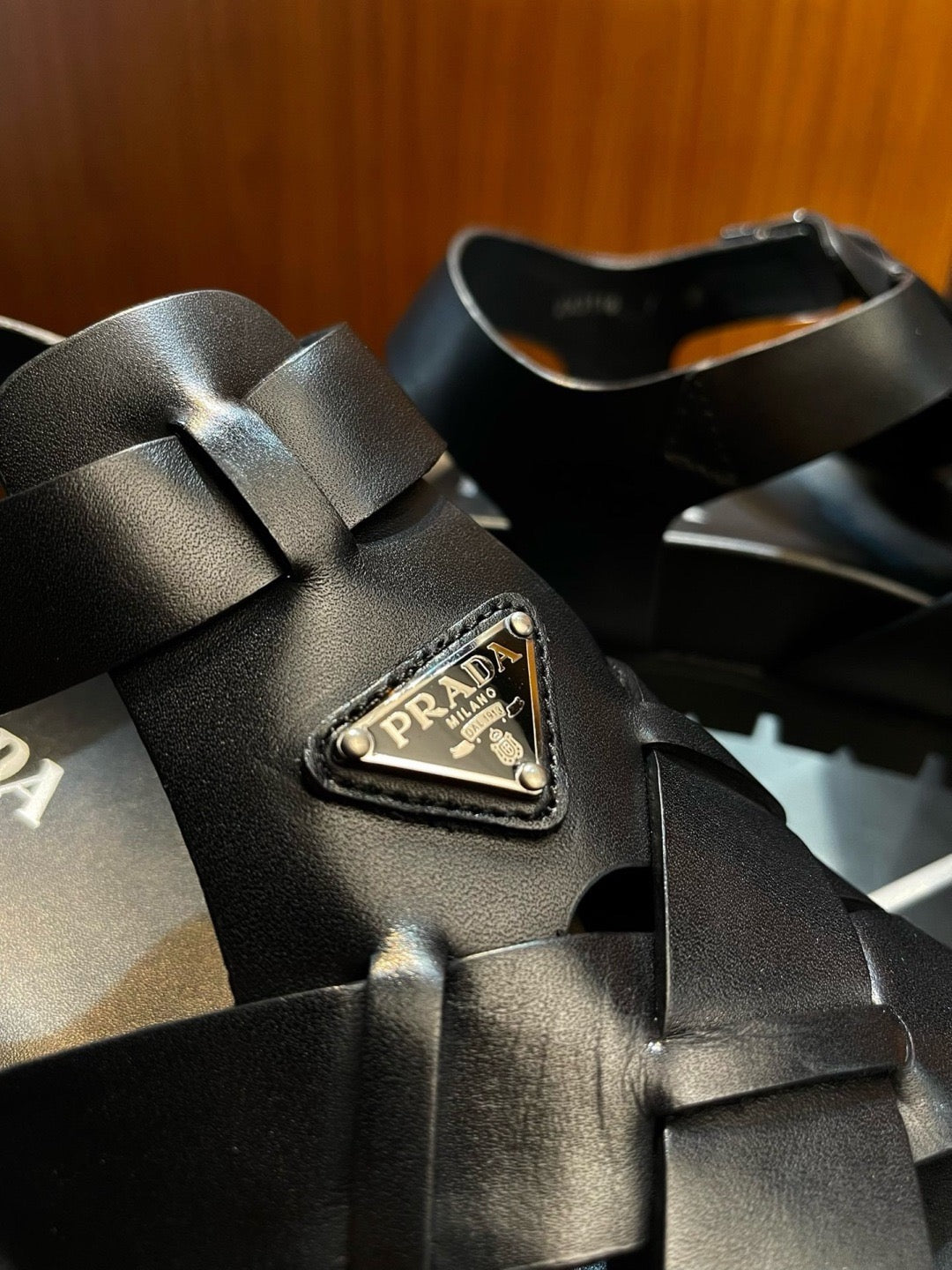 Black Leather Plain Crossover Sandal - Men's