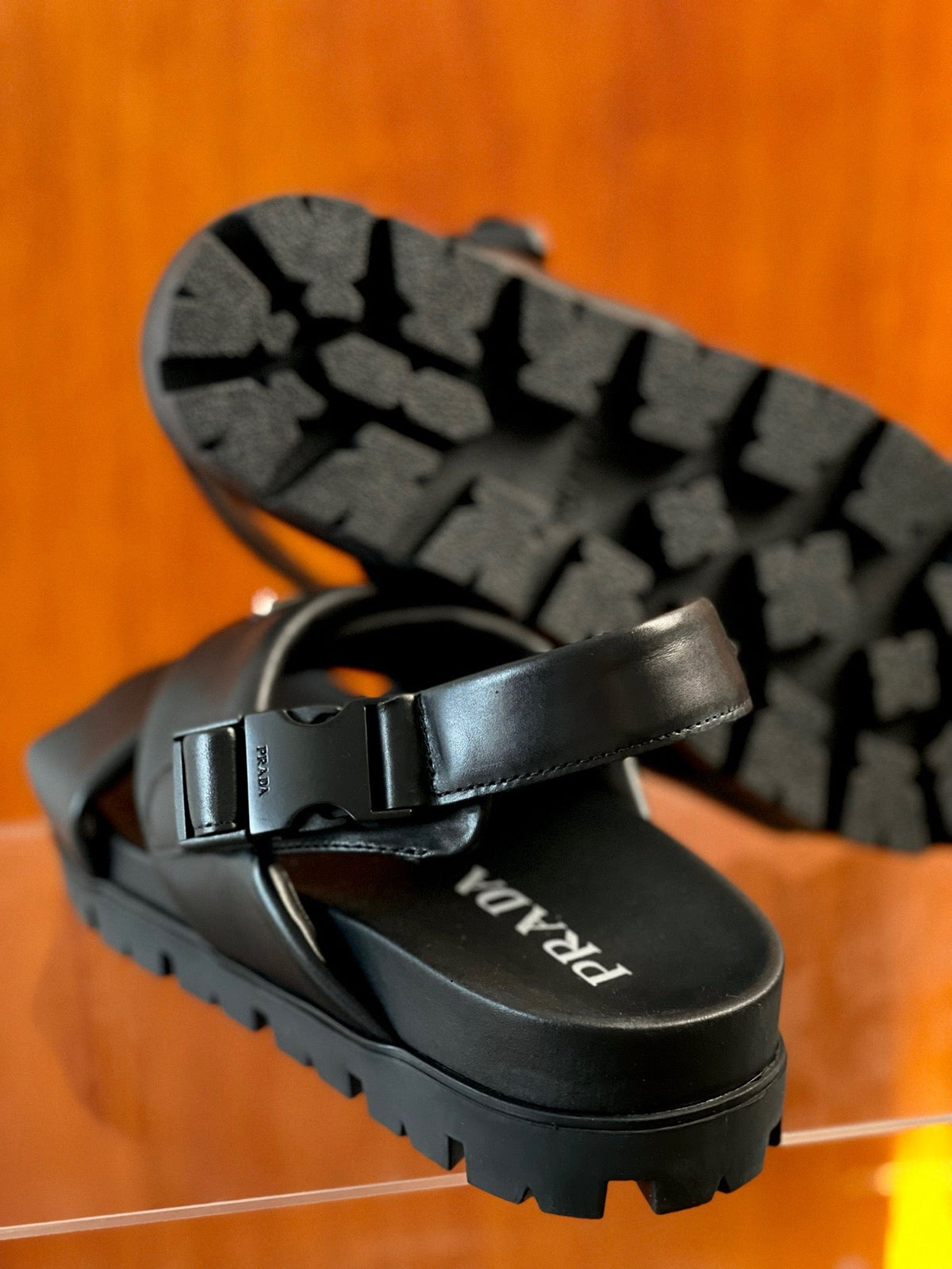 Black Leather Lug Sole Sandal - Men's