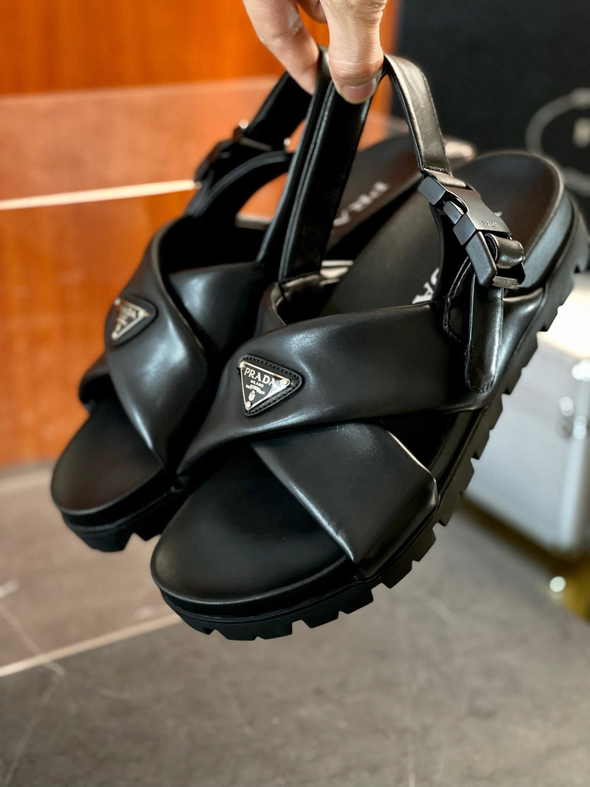 Black Leather Lug Sole Sandal - Men's