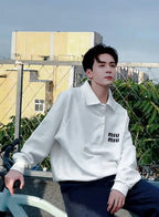 White Cotton Text Logo Long-Sleeve - Men's