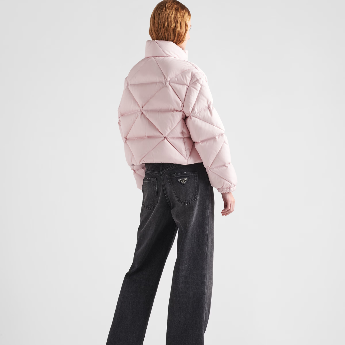 Re-Nylon Gabardine cropped down jacket – the lettering logo is framed by the iconic triangle that is interpreted – LUX VERSE Luxury Designer Fashion Outlet