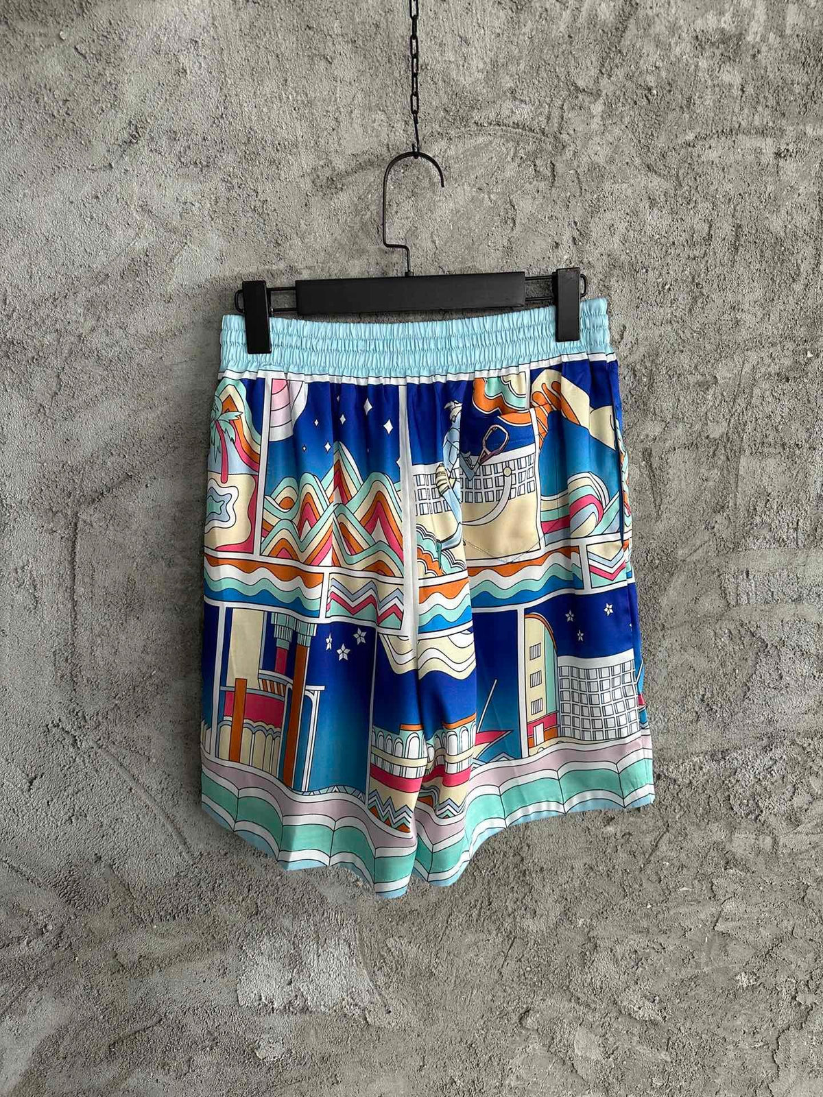 Blue Scenic Print Silk Shorts - Men's