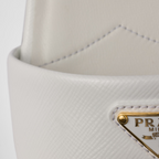Saffiano patent leather slides – enameled metal triangle logo Leather sole with hot-stamped logo Leather-covered, – LUX VERSE Luxury Designer Fashion Outlet
