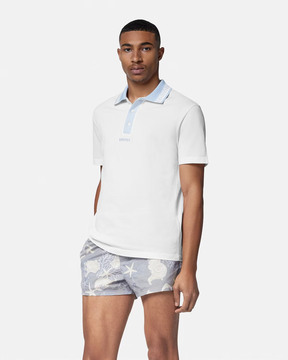 Barocco Sea Swim Shorts – they are complete with a rubber logo tag at the back and have an elastic drawstring – LUX VERSE Luxury Designer Fashion Outlet