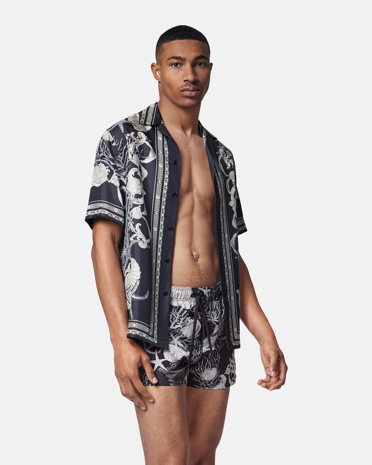 Barocco Sea Swim Shorts-2 – they are complete with a rubber logo tag at the back and have an elastic drawstring – LUX VERSE Luxury Designer Fashion Outlet
