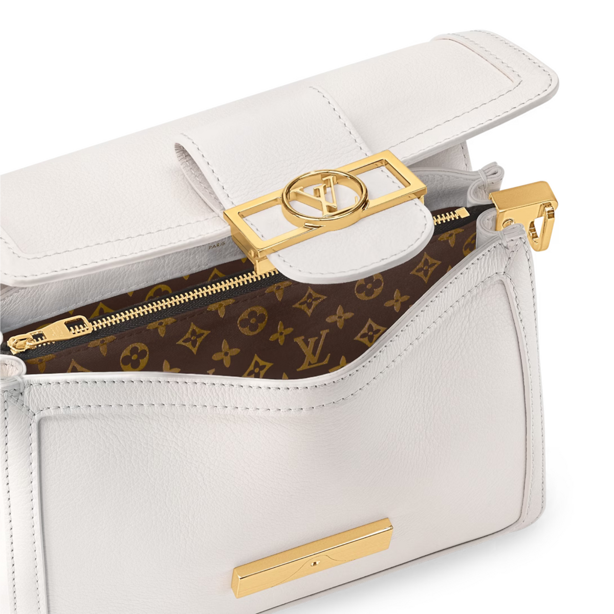 Dauphine Chic Soft MM – white Calfskin Calfskin trim Monogram Ebene jacquard canvas lining Gold-color – LUX VERSE Luxury Designer Fashion Outlet