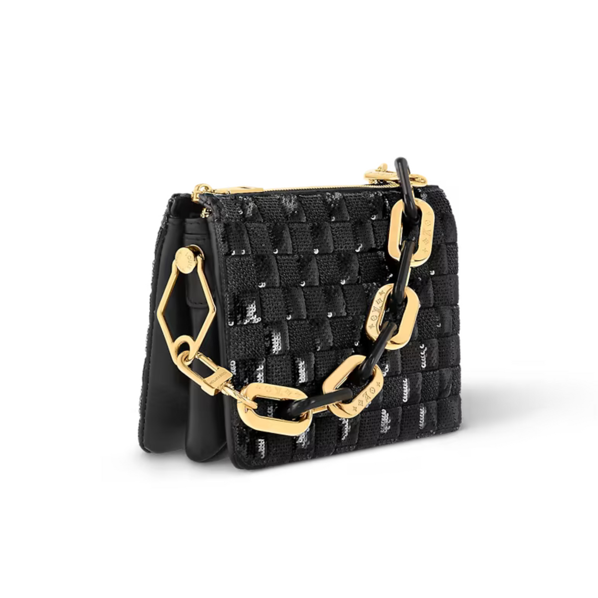 Coussin BB Iconic Pattern – black Embroidered satin and sequins Cowhide-leather trim Cowhide-leather lining – LUX VERSE Luxury Designer Fashion Outlet