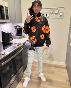 Black Cotton Floral Print Pullover - Men's