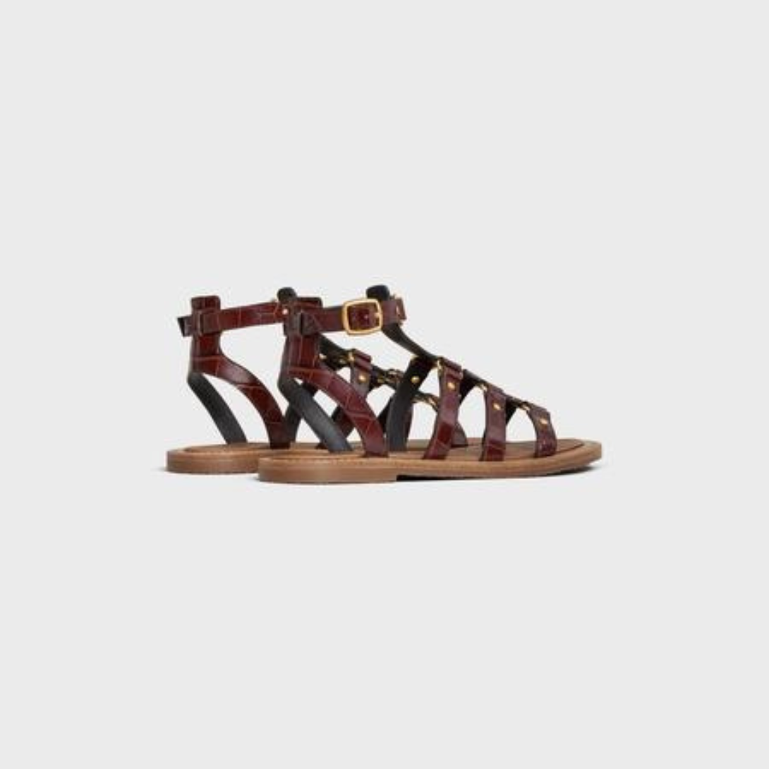 LYMPIA GLADIATOR SANDAL in CROCODILE STAMPED CALFSKIN – oN THE UPPERLITTLE STUDS ALL OVER THE UPPERENGRAVED ADJUSTABLE BUCKLESLIGHTY – LUX VERSE Luxury Designer Fashion Outlet