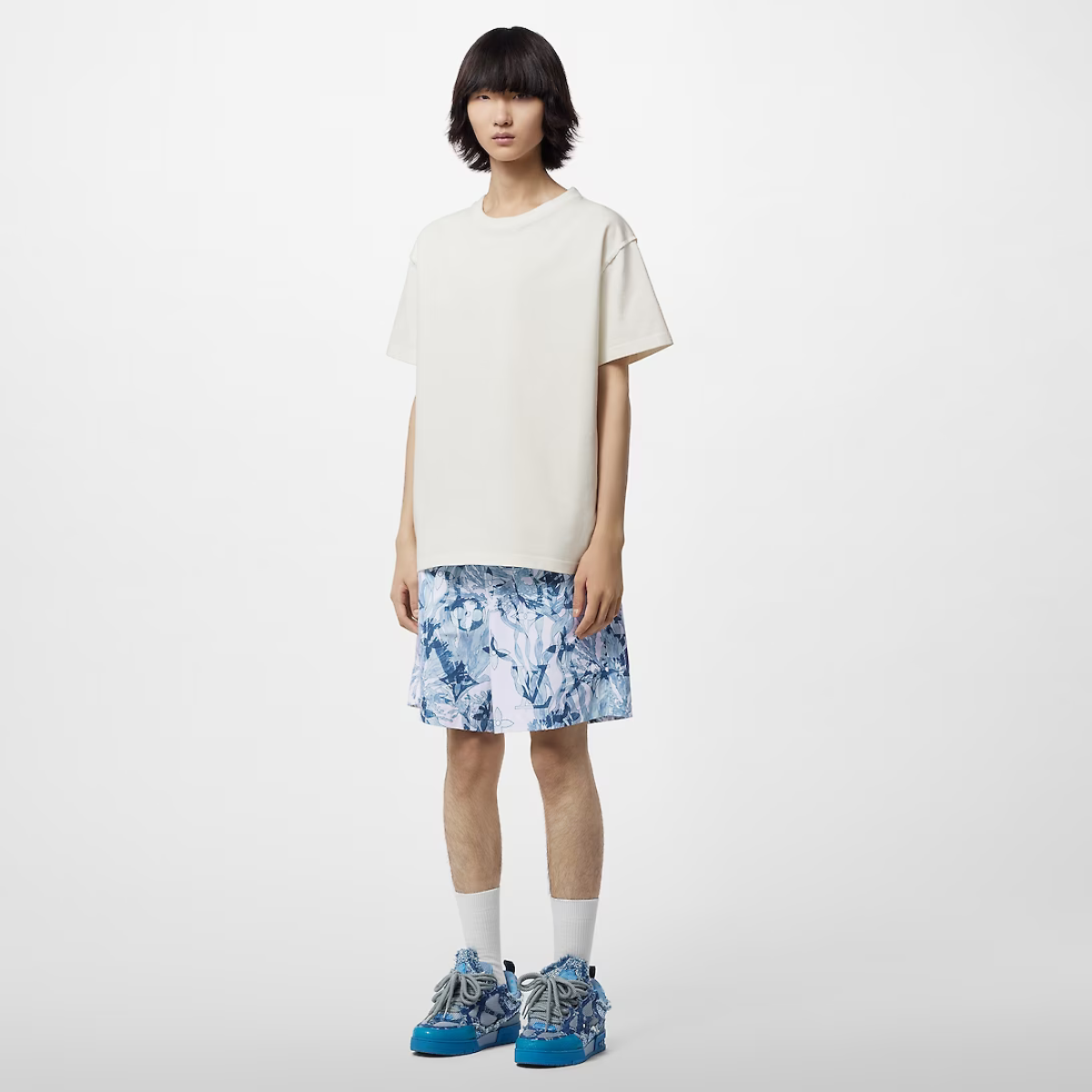 Printed Nylon Swim Shorts Dark Denim – the allover signature printed onto technical nylon blends coral and seaweed fronds – LUX VERSE Luxury Designer Fashion Outlet