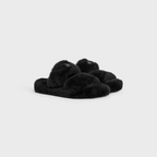 FUR SLIDES TRIOMPHE in SHEARLING – aND JACQUARD CRISS-CROSSED STRAPSEMBOSSED ON THE SIDE AND UNDER THE OUTSOLESLIP-ONTEXTILE – LUX VERSE Luxury Designer Fashion Outlet