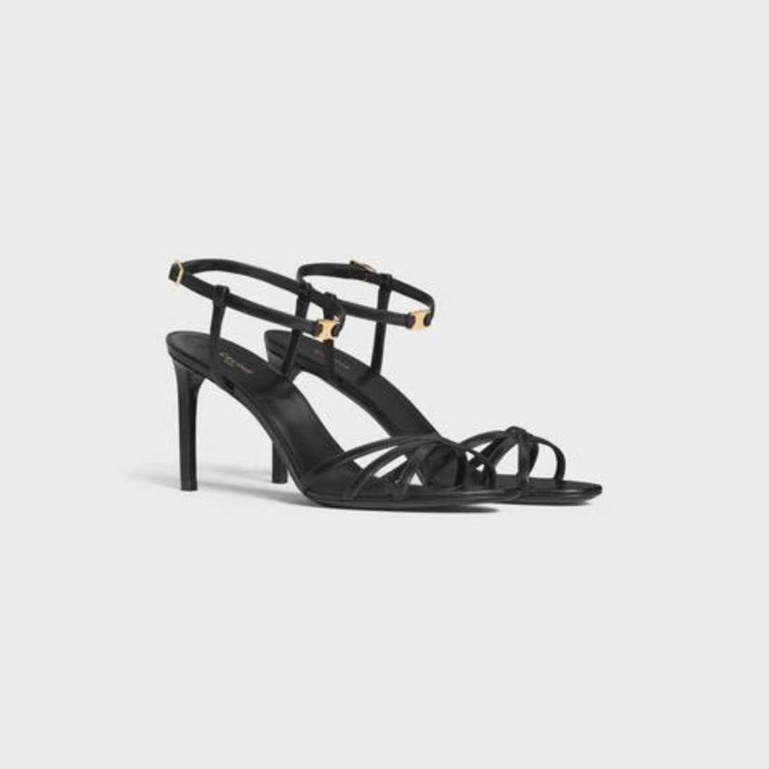 SOIR SANDAL in LAMBSKIN – mM) heelALMOND TOE SHAPEMETAL TRIOMPHE SIGNATURE ON THE SIDE STRAPENGRAVED – LUX VERSE Luxury Designer Fashion Outlet