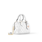 Speedy Bandoulière 20 White – pale gold-color hardware and a name tag with a Monogram Flower complete the picture – LUX VERSE Luxury Designer Fashion Outlet