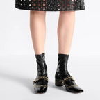 Belle-D Heeled Ankle Boot – reminiscent of a Mary Jane, the black patent calfskin and leather-effect stretch – LUX VERSE Luxury Designer Fashion Outlet