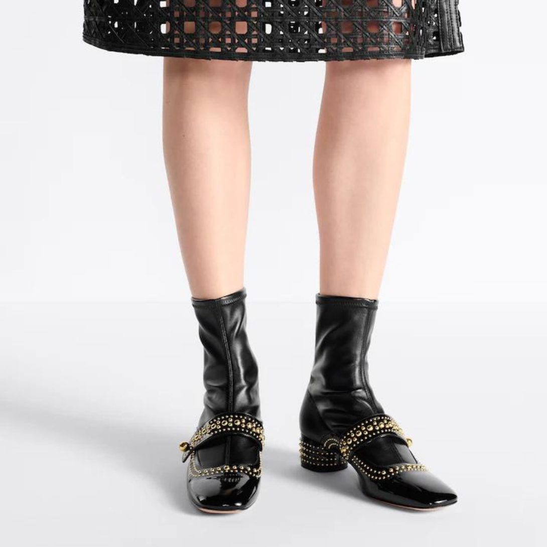 Belle-D Heeled Ankle Boot – reminiscent of a Mary Jane, the black patent calfskin and leather-effect stretch – LUX VERSE Luxury Designer Fashion Outlet