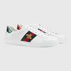 Ace Embroidered Sneaker – black leather with red leather detail on the heel of one shoe and blue on the other – LUX VERSE Luxury Designer Fashion Outlet