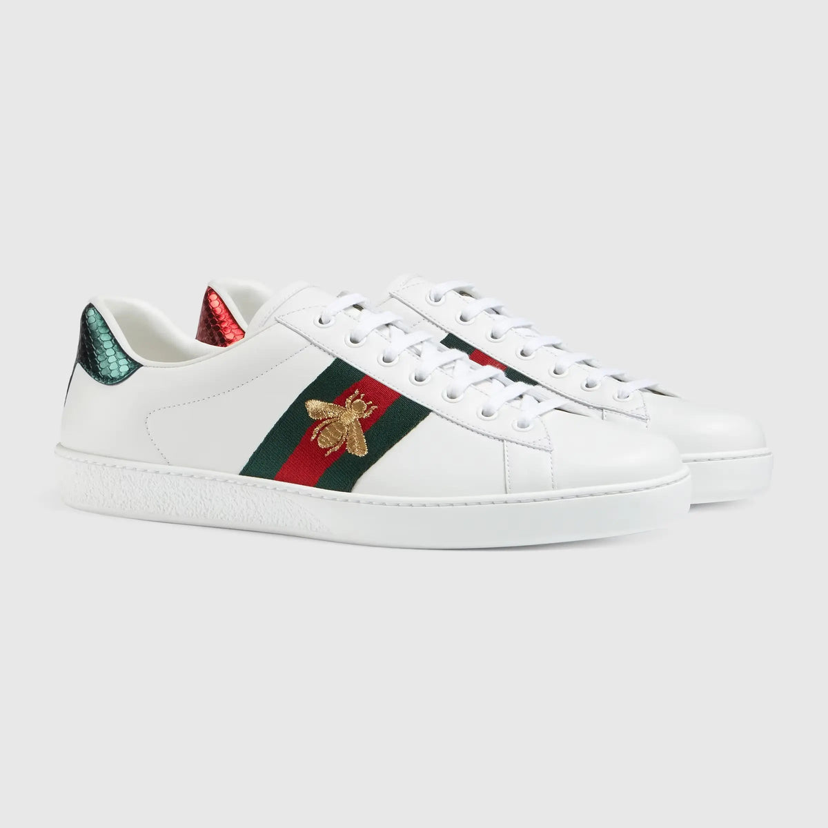 Ace Embroidered Sneaker – black leather with red leather detail on the heel of one shoe and blue on the other – LUX VERSE Luxury Designer Fashion Outlet