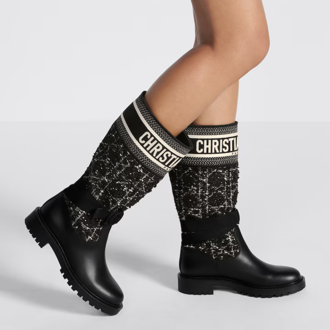 D-Major Boot – joining embroidered cotton featuring a Cannage motif with black calfskin, the style – LUX VERSE Luxury Designer Fashion Outlet