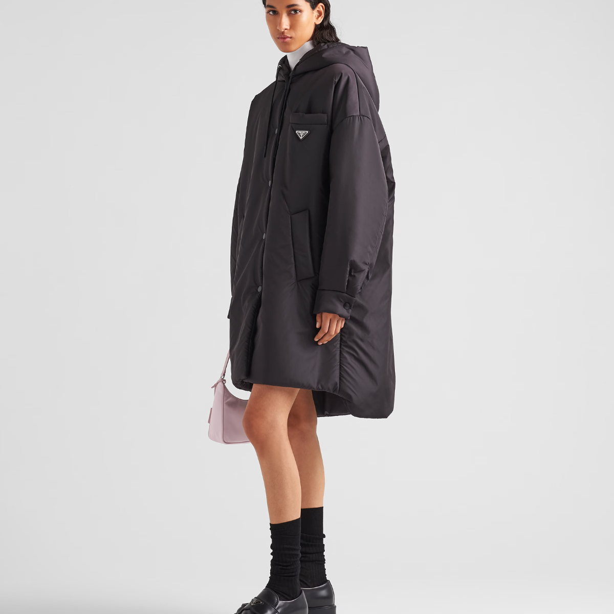 Oversized light Black Re-Nylon raincoat – made with lightweight Re-Nylon material, this coat offers superior protection – LUX VERSE Luxury Designer Fashion Outlet
