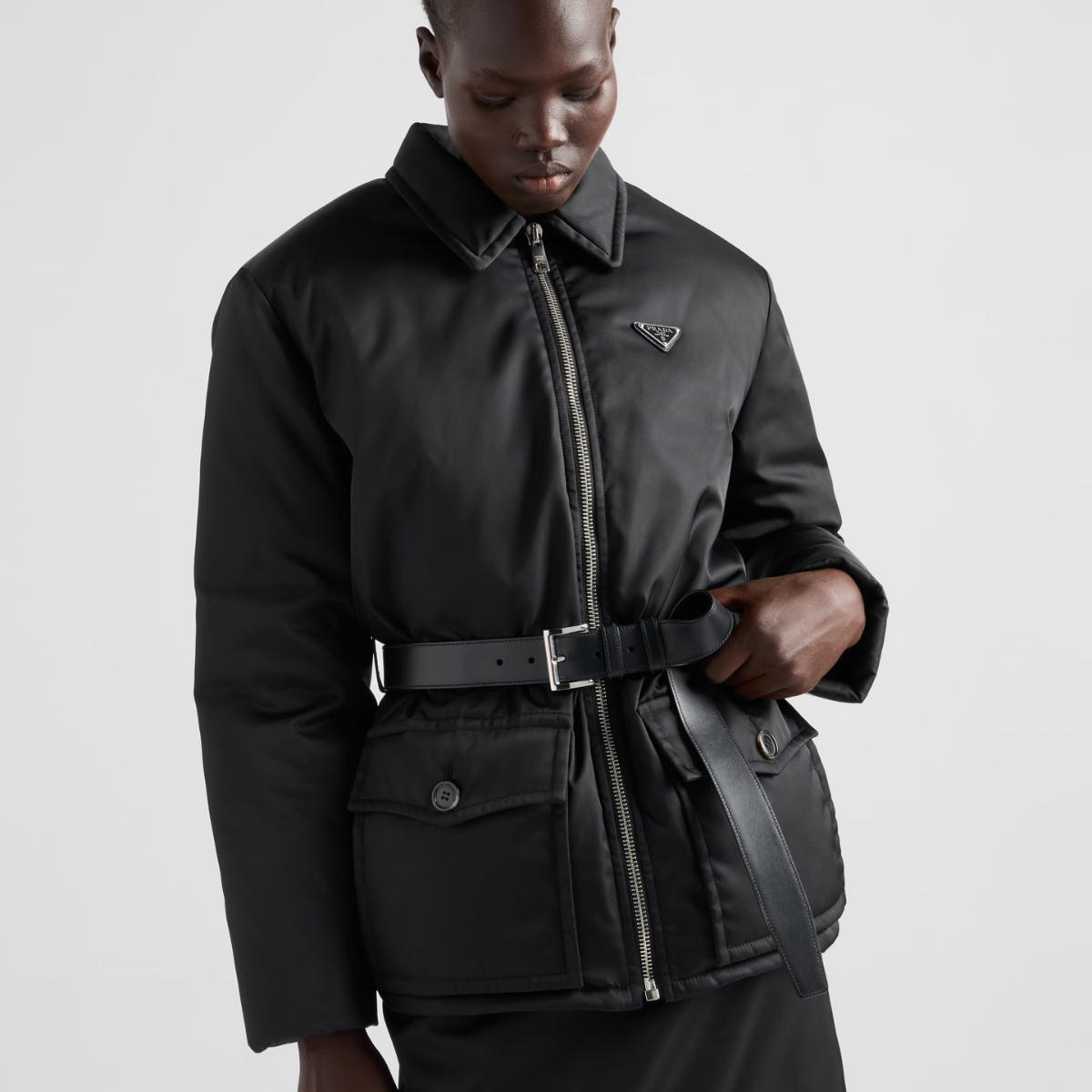 Re-Nylon down jacket with belt – the style made of Re-Nylon is embellished with a leather belt that defines – LUX VERSE Luxury Designer Fashion Outlet
