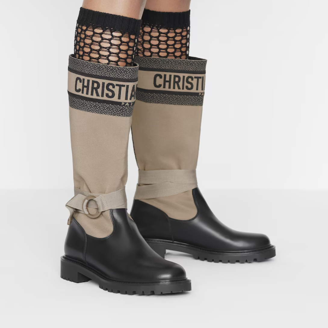 D-Major Boot Taupe – the style is crafted in taupe technical fabric and black calfskin, further – LUX VERSE Luxury Designer Fashion Outlet