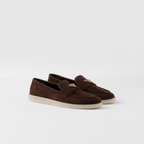 Suede loafers – upper with leather band Apron with pinched stitch seam Leather lining Enameled metal – LUX VERSE Luxury Designer Fashion Outlet