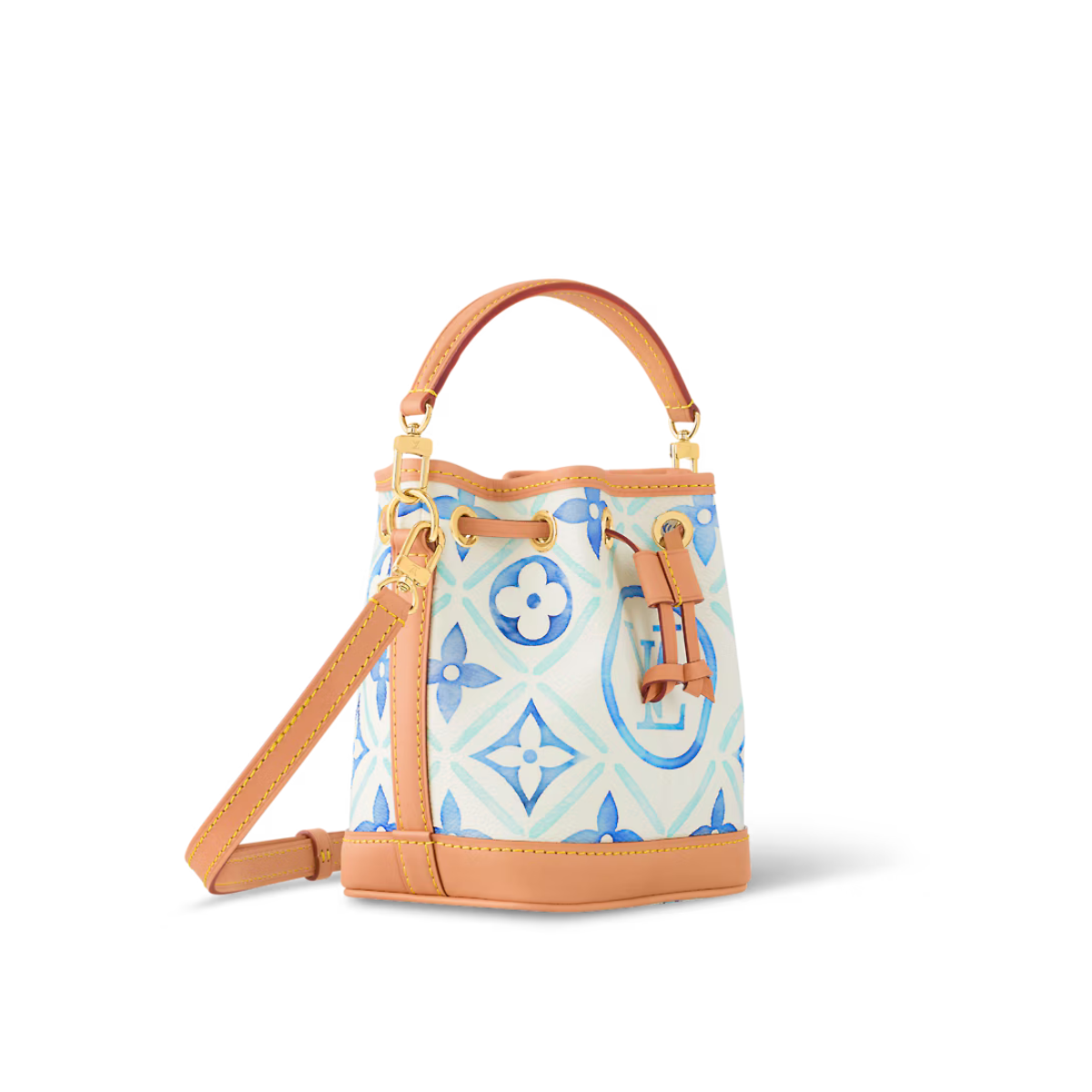 Nano Noé Lagoon Blue – leather trim complements this design, notably on the removable top handle – LUX VERSE Luxury Designer Fashion Outlet