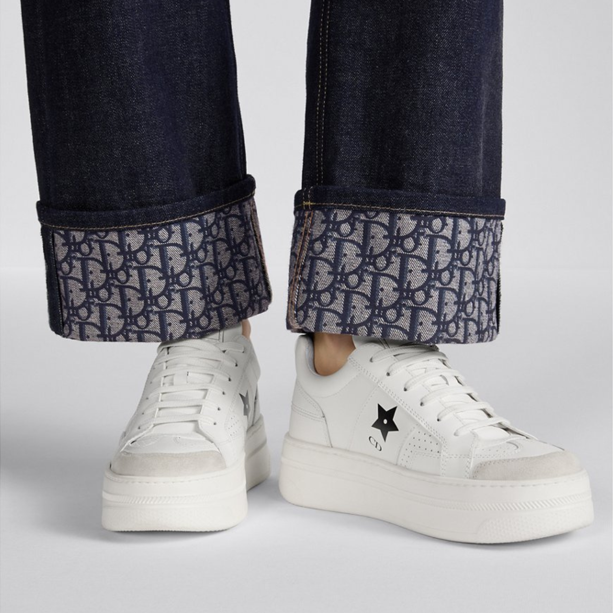 Star Platform Sneaker – crafted in white calfskin, the upper is accented by a tonal suede calfskin panel on – LUX VERSE Luxury Designer Fashion Outlet