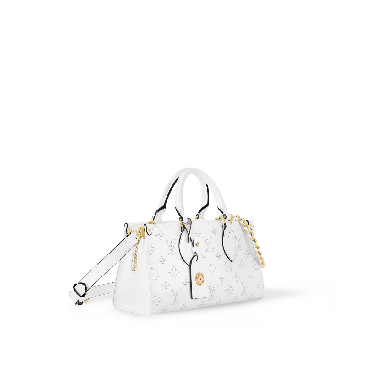 OnTheGo East West White – the bag features light-gold-color hardware and a removable name tag, adorned with – LUX VERSE Luxury Designer Fashion Outlet